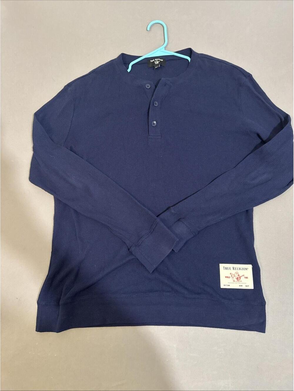 True Religion Henley Shirt Men’s Sz XL Navy Blue Thermal Long Sleeve Waffle Knit